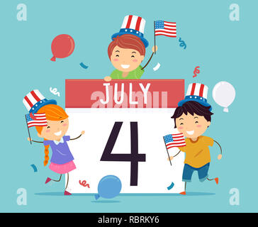 Illustration de Stickman Kids Wearing American Hat drapeau avec le 4 juillet sur le calendrier journalier Banque D'Images