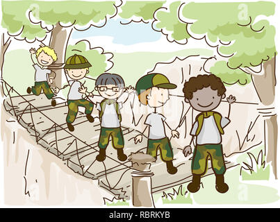 Illustration de Stickman enfants garçons portant des uniformes de camouflage militaire traversant un pont Banque D'Images