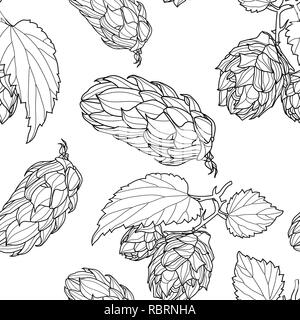 Le houblon à la main motif transparent. Hop commun ou Humulus lupulus branche avec feuilles et cônes. Vector Illustration. Illustration de Vecteur