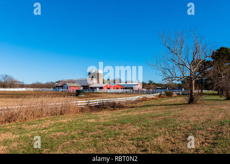 Prise grand angle d'une grange rouge, silos, un environnement stable et d'une clôture sur une exploitation agricole dans les régions rurales de la Virginie. Banque D'Images