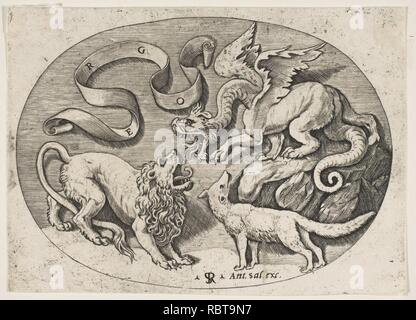 Un lion, dragon et fox lutter les uns contre les autres, une banderole inscrite ci-dessus, une composition ovale Banque D'Images