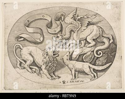 Un lion, dragon et fox lutter les uns contre les autres, une banderole inscrite ci-dessus, une composition ovale Banque D'Images