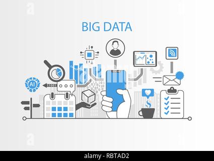 Concept de big data with hand holding cadre moderne smart phone gratuit Illustration de Vecteur