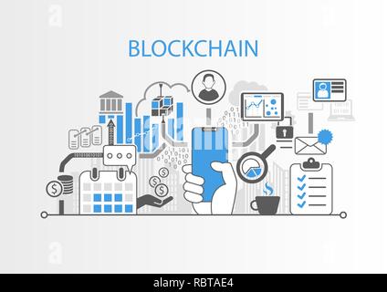 Blockchain concept with hand holding cadre moderne smart phone gratuit Illustration de Vecteur
