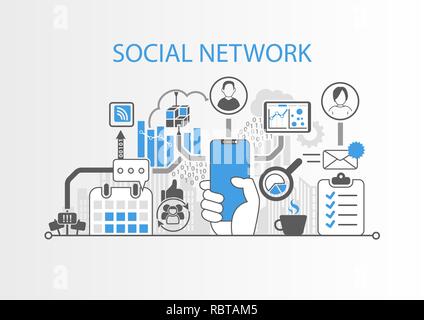 Social network concept with hand holding cadre moderne smart phone gratuit Illustration de Vecteur