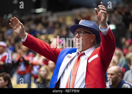Herning, Danemark. Jan 11, 2019. Fans norvégiens lors de la groupe C match de hand entre la Tunisie et la Norvège dans la Jyske Bank Boxen à Herning au cours de l'IHF 2019 Championnat du Monde de handball en Allemagne/Danemark. Credit : Lars Moeller/ZUMA/Alamy Fil Live News Banque D'Images