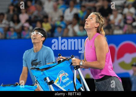 Melbourne, Australie. Jan 12, 2019. Victoria Azarenka divertit la foule sur la Rod Laver Arena au Kids Tennis jour avant l'Australian Open 2019 Tournoi de tennis du Grand Chelem à Melbourne, Australie. Bas Sydney/Cal Sport Media/Alamy Live News Banque D'Images