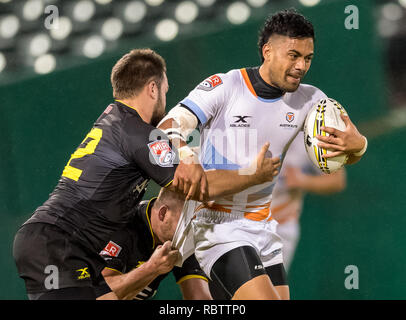 Houston, Texas, USA. Jan 11, 2019. Austin centre élite Sione Fangaiuha (13) au cours de l'exposition game du Houston SaberCats vs Austin élite lors de Constellation Field, Sugar Land, Texas Les SaberCats entraîner l'élite 5-0 à la moitié. © Maria Lysaker - Cal Sport Médias Crédit : Cal Sport Media/Alamy Live News Banque D'Images