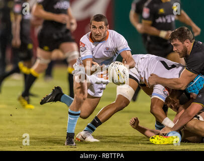 Houston, Texas, USA. Jan 11, 2019. Austin Elite scrumhalf Mickael Romera (9) au cours de l'exposition game du Houston SaberCats vs Austin élite lors de Constellation Field, Sugar Land, Texas Les SaberCats entraîner l'élite 5-0 à la moitié. © Maria Lysaker - Cal Sport Médias Crédit : Cal Sport Media/Alamy Live News Banque D'Images