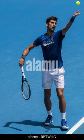 Melbourne, Australie. Jan 12, 2019. Novak Djokovic la Serbie participe à une session de formation à venir de l'Open d'Australie à Melbourne, Australie, le 12 janvier 2019. Credit : Lui Siu Wai/Xinhua/Alamy Live News Banque D'Images