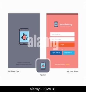 Bug de l'entreprise sur un smartphone et l'écran Login Page design avec logo modèle. Modèle d'affaires en ligne mobile Illustration de Vecteur