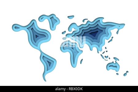 Carte du monde moderne en forme de coupe papier 3d art style. Vector illustration. Couches colorées découper papercraft design. Illustration de Vecteur