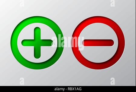 Art de papier et moins rouge, vert plus isolés. Vector illustration. Signes Plus et moins est découpé dans du papier. Illustration de Vecteur