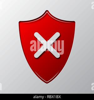 L'art du papier du bouclier rouge avec croix de rejet, d'isolement. Vector illustration. Icône de bouclier est découpé dans du papier. Illustration de Vecteur