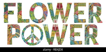 La conception de l'art peint à la main. Illustration dessinés à la main, FLOWER POWER word avec signe de paix pour t-shirt et autre décoration Illustration de Vecteur