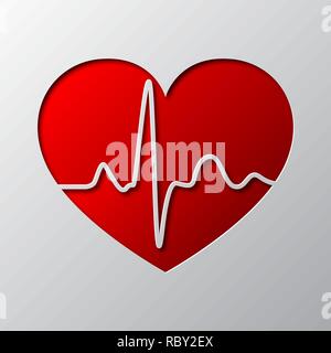 L'art du papier du cœur rouge et symbole du rythme cardiaque isolé. Vector illustration. Icône de cœur est découpé dans du papier. Illustration de Vecteur