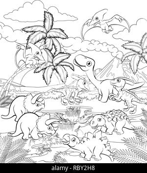 Dessin animé paysage préhistorique dinosaure Illustration de Vecteur