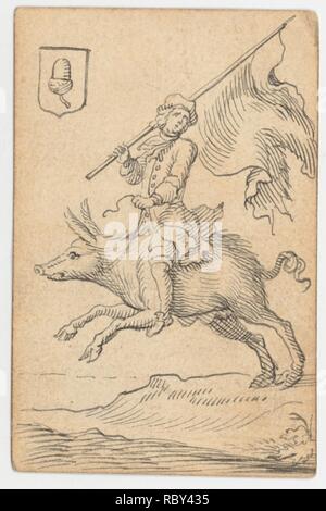 380413 Artiste : Johannes Brandenberg, Swiss, Zug 1661 ?1729 Zug, Acorn Knave : un homme à cheval sur un porc, 1712 ou plus tard, plume et encre noire, feuille : 3 9/16 x 2 5/16 in. (9 x 5,9 cm). Banque D'Images