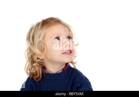 Beau petit enfant jusqu'à la isolé sur fond blanc Banque D'Images