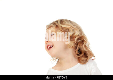 Beau petit enfant jusqu'à la isolé sur fond blanc Banque D'Images