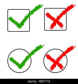 La Croix-Rouge et dessinés à la main, marque verte. Vector illustration. Symboles de l'aimez et n'aimez pas, isolé. Illustration de Vecteur