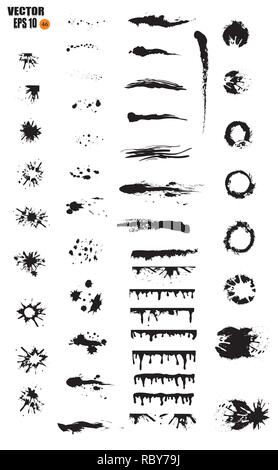 Un large ensemble d'encre noire, l'encre bave, taches, taches, brosses, lignes, rugueux. Les coups de pinceau noir, éléments de conception artistique. Isolé sur fond blanc Illustration de Vecteur