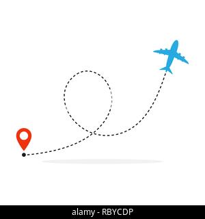 Avion et sa piste sur fond blanc. Vector illustration. Chemin de vol de l'aéronef et de son itinéraire Illustration de Vecteur