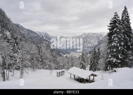 Hallstatt sky walk. Superbe vue depuis le haut du lac et montagnes enneigées. Banque D'Images