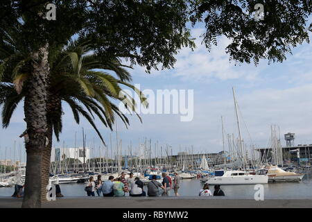 Barcelone, ​​Spain. Marina, Port Vell, à Barcelone, ​​a lieu populaire de rencontre Banque D'Images