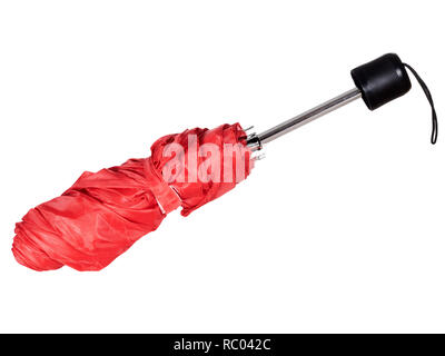 Parapluie télescopique rouge, partie ferlées. Isolé sur fond blanc. Banque D'Images