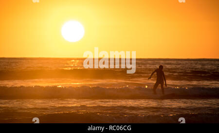 Une photo d'une silhouette d'une femme surf sur l'arrière-plan d'un beau coucher du soleil doré. Plage de Jaco, Costa Rica. Personne n'est pas identifiable. Banque D'Images