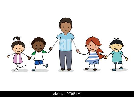 Enfants / enfants avec des adultes de sexe masculin se tenant la main, illustration Banque D'Images