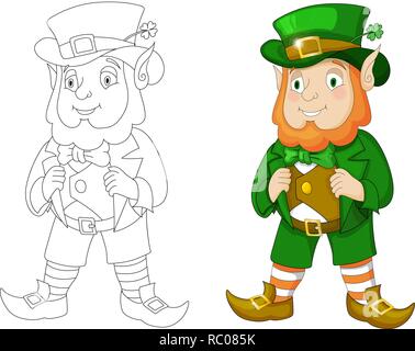 Cartoon Leprechaun en redingote verte et top hat avec trèfle à quatre feuilles Illustration de Vecteur