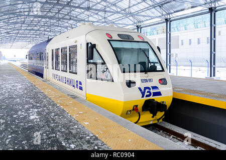 Kiev, Ukraine - JAN 2019 : Kyiv Boryspil Train Express. Tout nouveau train à grande vitesse entre l'AÉROPORT INTERNATIONAL BORYSPIL KBP et la Statio Banque D'Images