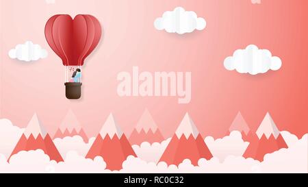 De l'amour créatif valentines day concept. Love couple hug en origami hot air balloon survolant les montagnes et fond de nuage. Dans l'illustration vectorielle Illustration de Vecteur