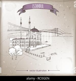 Vintage Voyage illustration avec mosquée Ortakôy et pont sur le Bosphore à Istanbul, Turquie. Croquis dessinés à la main. Illustration de Vecteur
