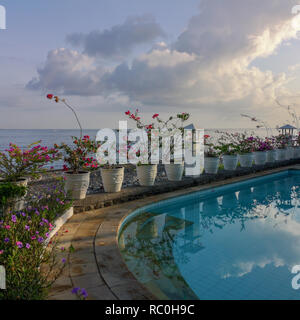 Balinais un piscine avec vue sur la mer de Bali dans le village d'AMED. Fleurs reflète dans la surface de l'eau. Image carrée. Banque D'Images