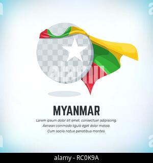 Drapeau du Myanmar. Modèle de vol ronde avec manteau couleur nationale. Peut être utilisé avec le logo ou mascotte. Utiliser pour le sport ou symbole politique. Le Jour du drapeau. Independe Illustration de Vecteur