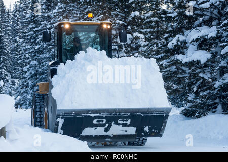 L'effacement de la neige au lac Louise dans le parc national de Banff à la suite d'une grosse chute de neige qui a frappé les Rocheuses en Alberta, Canada. Banque D'Images