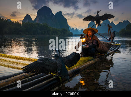 Le Cormorant fisherman et ses oiseaux sur la rivière Li à Yangshuo, Guangxi, Chine Banque D'Images