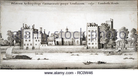 Lambeth Palace est la résidence londonienne officielle de l'archevêque de Canterbury en Angleterre, en Amérique du Lambeth, sur la rive sud de la Tamise, à 400 mètres au sud-est du Palais de Westminster, qui abrite les chambres du Parlement, sur la rive opposée. Gravure d'aquafortiste de Bohême Venceslas Hollar de 1647 Banque D'Images