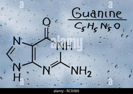 Modèle structural de la guanine sur la vitre avec la pluie. Banque D'Images