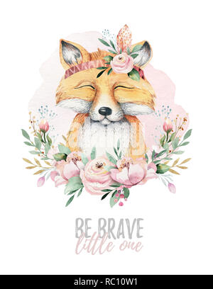 Aquarelle dessin animé mignon bébé isolé fox animal avec des fleurs. Pépinière forestière woodland illustration. Boho bohème pour dessin, modèle de l'affiche de la pépinière Banque D'Images