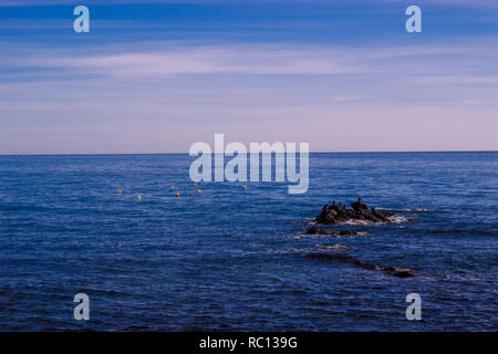 Mer. Mer Méditerranée, ciel nuageux, rock et les oiseaux. Banque D'Images