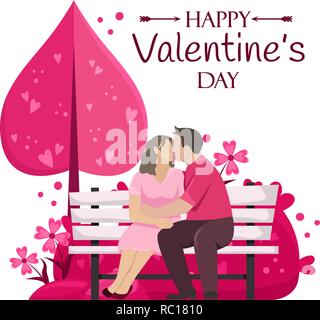 Happy Valentines Day. Couple aimant s'embrasser sur un banc en bois dans le parc. Télévision vector illustration. Illustration de Vecteur