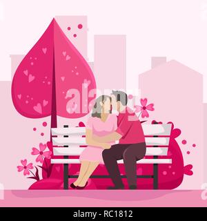 Happy Valentines Day. Couple aimant s'embrasser sur un banc en bois dans le parc. Télévision vector illustration. Illustration de Vecteur