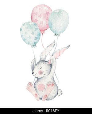 Hand drawn aquarelle joyeuses Pâques avec lapins set design. Style bohème Lapin, oeufs isolés illustration sur blanc. Mignon bébé lapin illustration pour la conception de pépinière Banque D'Images