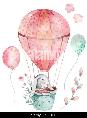 Hand drawn aquarelle joyeuses Pâques avec lapins set design. Style bohème Lapin, oeufs isolés illustration sur blanc. Mignon bébé lapin illustration pour la conception de pépinière Banque D'Images