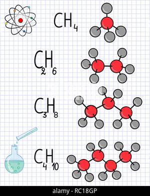 Formule chimique et molécule modèle Méthane CH4, l'éthane C2H4, propane C3H8, le butane C4H10. Ordinateur portable à l'école sur la chimie. feuille de papier dans une cage. Ve Illustration de Vecteur