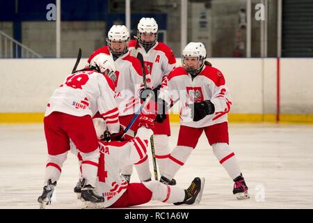 Dumfries, en Écosse, le 12 janvier 2019. Les joueurs polonais célèbre après avoir marqué un but contre la Chine dans le Hockey sur glace 2019 U18 Women's World Championship, Division 1, Groupe B, à Dumfries bol de glace. Crédit : Colin Edwards/Alamy Live News. Banque D'Images